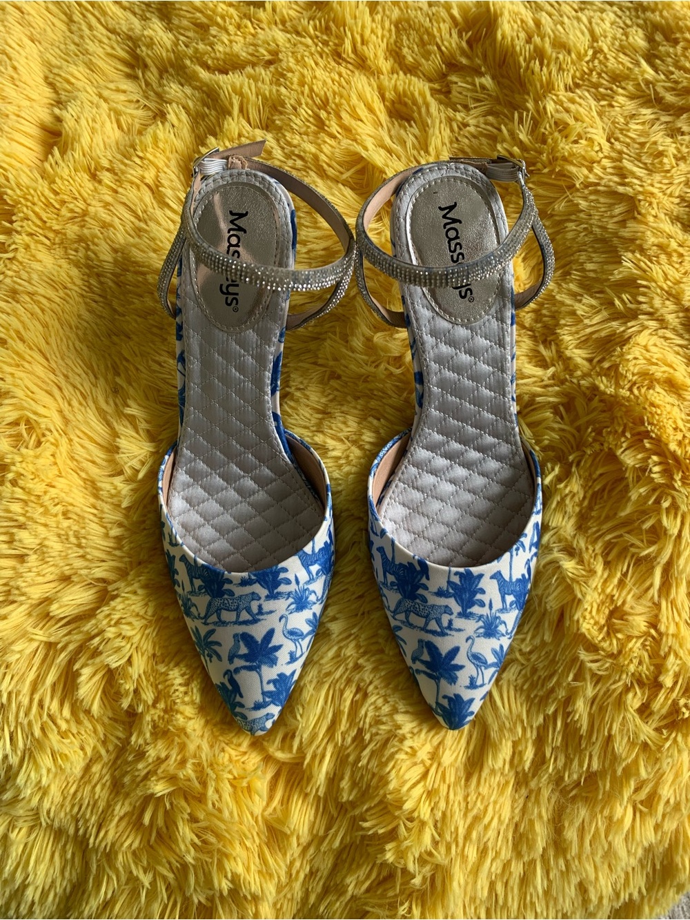Masseys Blue & White Printed Pointed-Toe Slingback Heels with Rhinestone Strap - Picture 1 of 5